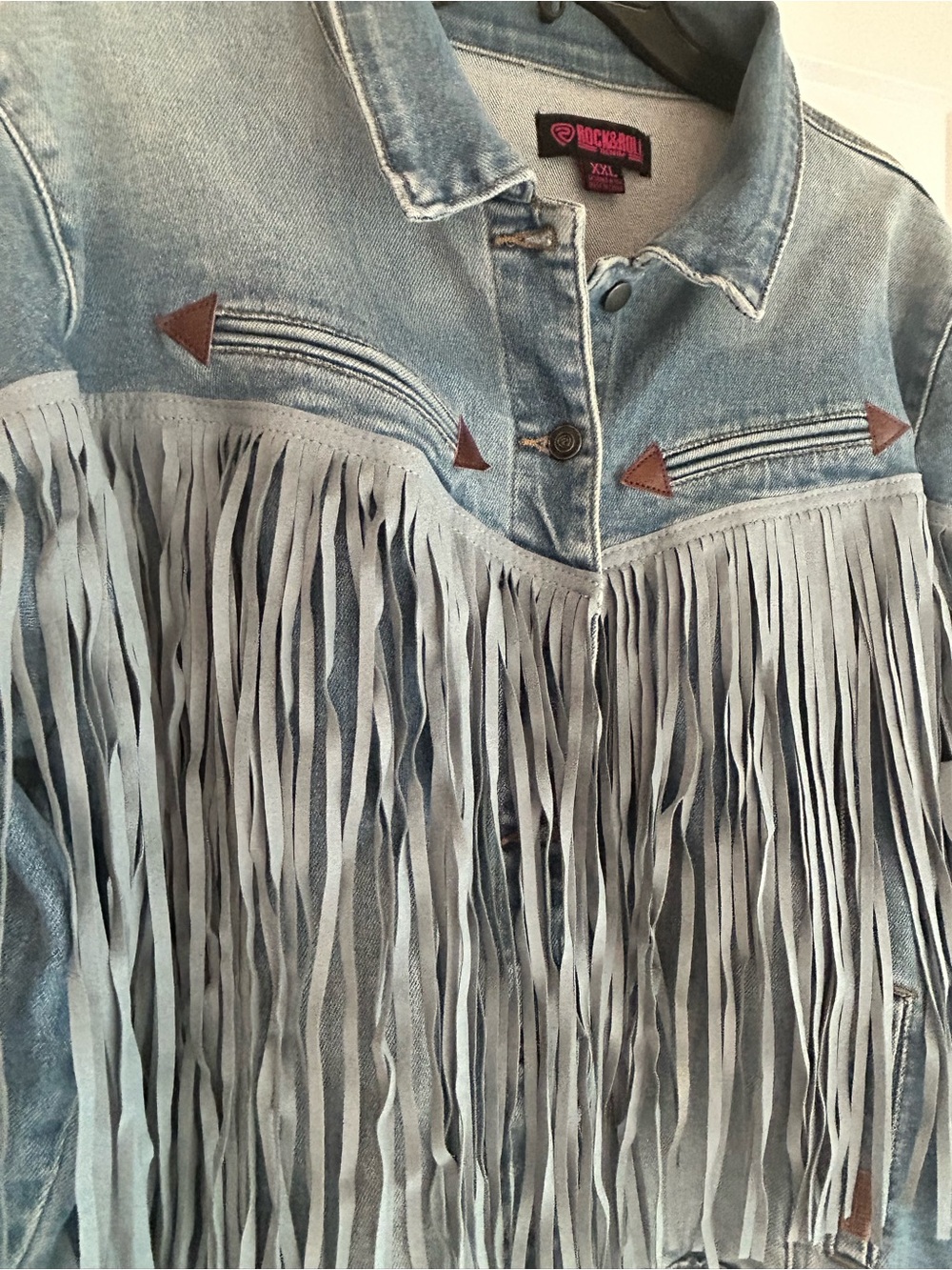 Rock & Roll Denim Light Wash Tonal Suede Fringe Button-Down Jacket - Picture 2 of 10